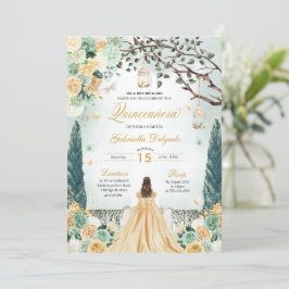 Guld Grönt Princess Enchanted Garden Quinceanera Inbjudningar