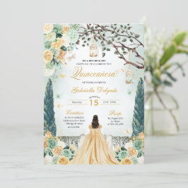 Guld Grönt Princess Enchanted Garden Quinceanera Inbjudningar