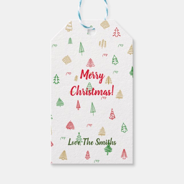 Guld Grönt Red Julgranar Mönster Presentetikett (Framsidan)