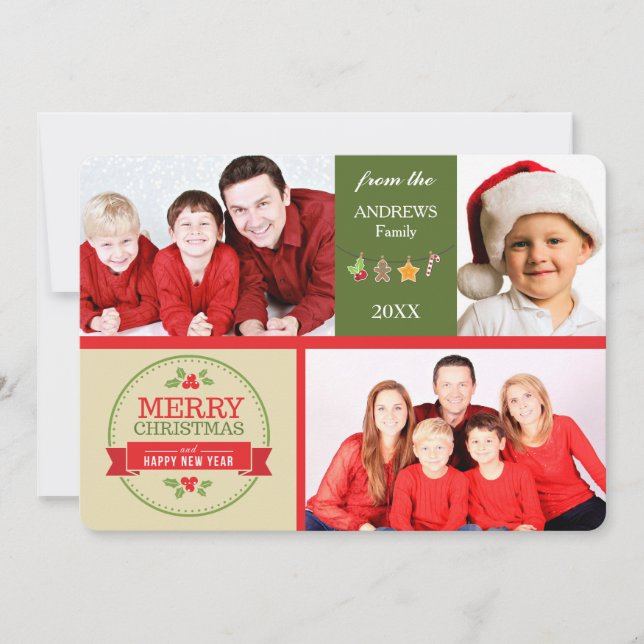 Guld Grönt Retro Bilder Photo Template - jul Julkort (Framsida)