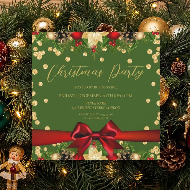 Guld Grönt Ribbon Glitter jul Corporate Inbjudningar (Gold Green Ribbon Glitter Christmas Corporate Invitation)
