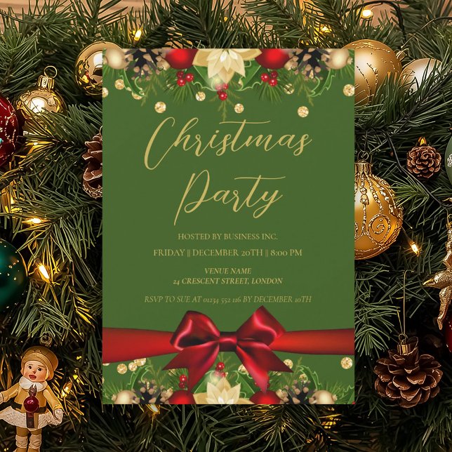 Guld Grönt Ribbon Glitter jul Corporate Inbjudningar (Gold Green Ribbon Glitter Christmas Corporate Invitation)