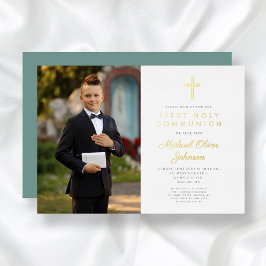 Guld Grönt Script Boy Photo First Communion