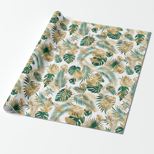 Guld Grönt Tropical Löv Mönster Leggings Kaffe Presentpapper (Utrullad)
