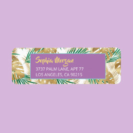 Guld & Grönt Tropical Löv Namn Adress Lavender Returadress Etikett