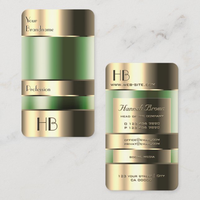 Guld Grönt Tunna Faux Engrave Font med Initialer Visitkort (Fram/baksida)