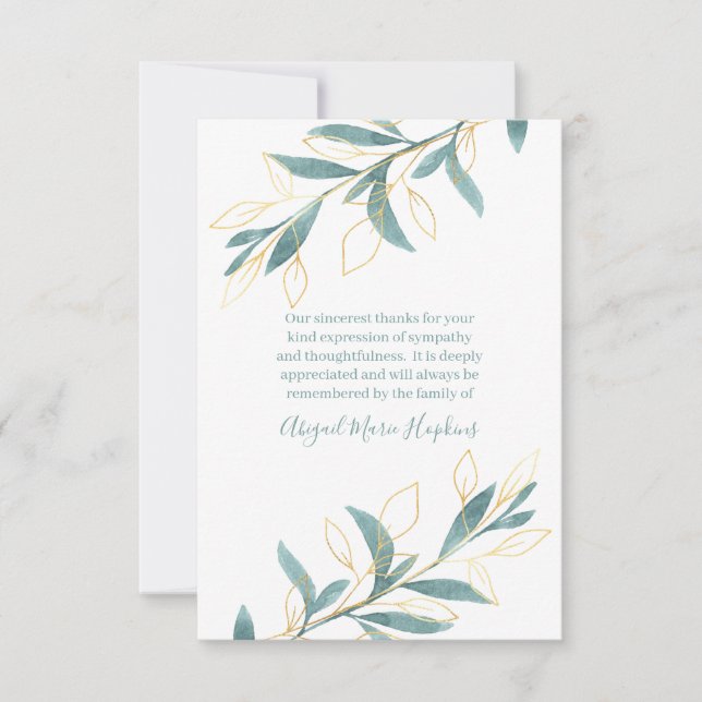 Guld Grönt Watercolor Blommigt Tack Bereavement (Framsida)