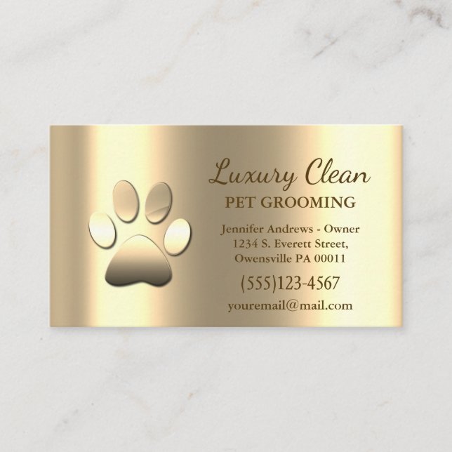 Guld Grooming Service Paw Print Metallic Visitkort (Framsida)