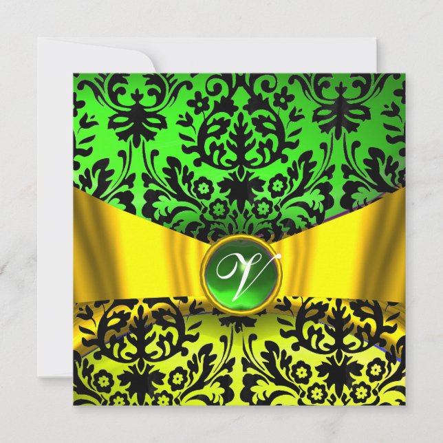 GULD GUL BAND EMERALD SVART DAMAST MONOGRAM INBJUDNINGAR (Framsida)