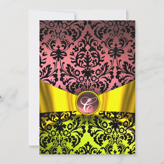 GULD GUL BAND ROSA SVART DAMASK MONOGRAM INBJUDNINGAR (Framsida)