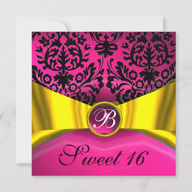 GULD GUL BANDROSETT ROSA SVART DAMAST MONOGRAM INBJUDNINGAR (Framsida)