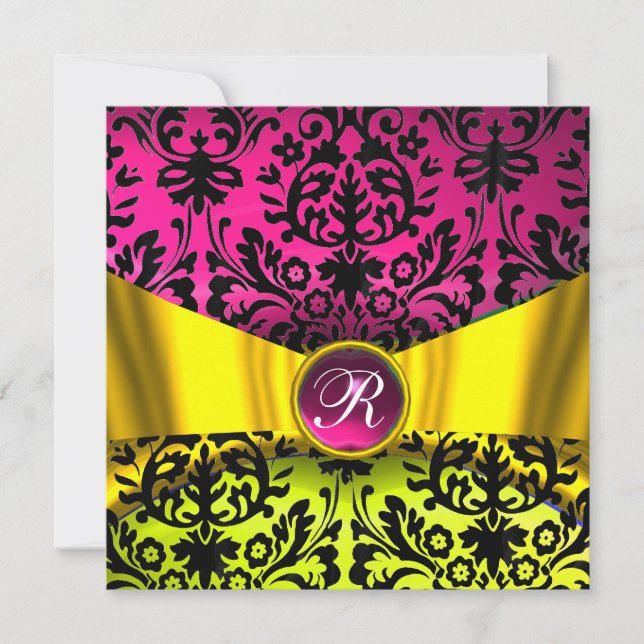 GULD GUL FUCHSIA SVART DAMASK MONOGRAM INBJUDNINGAR (Framsida)