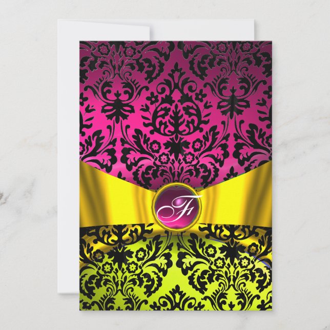 GULD GUL FUCHSIA SVART DAMAST MONOGRAM INBJUDNINGAR (Framsida)