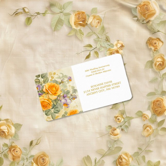 Guld Gul ros 50-årsdagen Bröllop Adressetikett (Gold Yellow Roses 50th Wedding Anniversary Return Address Label)