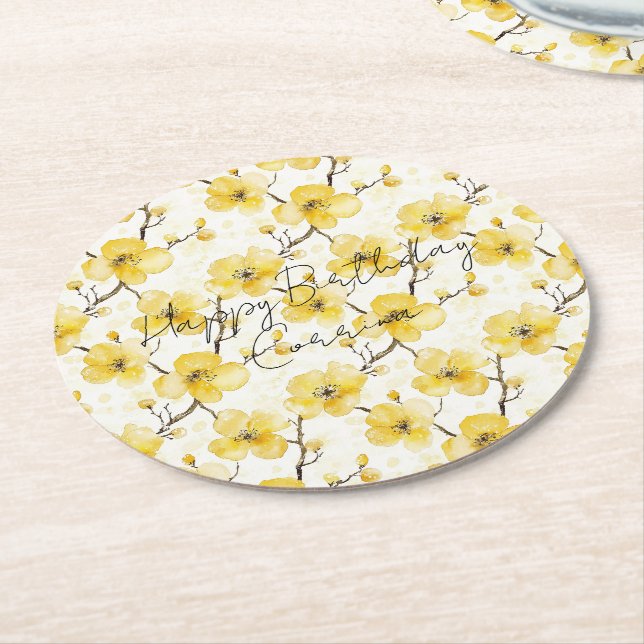 Guld Gula blommor födelsedag Underlägg Papper Rund (Vinklad)