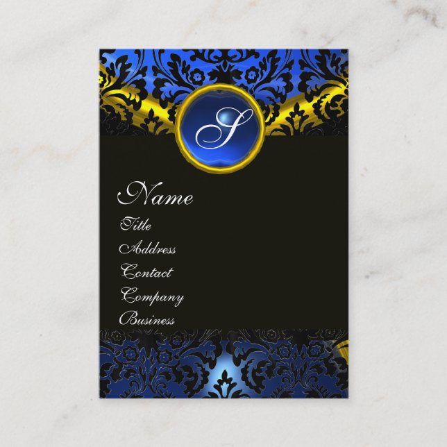 GULD GULT BLACK BLUE SAPPHIRE DAMASK MONOGRAM VISITKORT (Framsida)