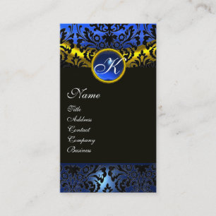 GULD GULT BLACK BLUE SAPPHIRE DAMASK MONOGRAM VISITKORT
