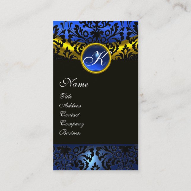 GULD GULT BLACK BLUE SAPPHIRE DAMASK MONOGRAM VISITKORT (Framsida)