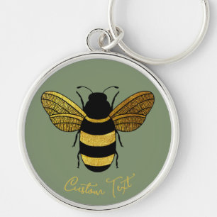 GULD GULT BLACK BUMBLEBEE CALLIGRAPHY TEXT BBE RUND SILVERFÄRGAD NYCKELRING