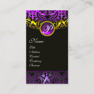 GULD GULT BLACK LILA AMETHYST DAMASK MONOGRAM VISITKORT