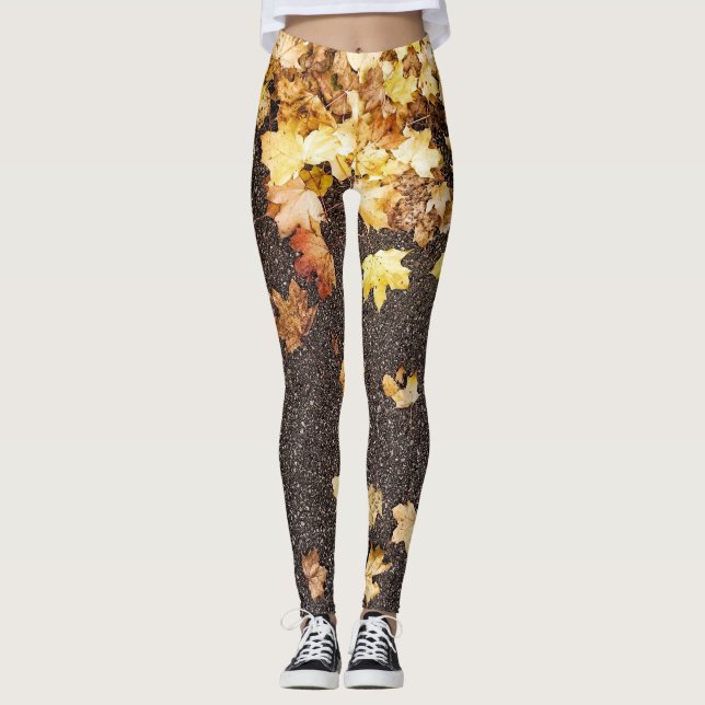 Guld gult maple löv höstasfaltväg leggings (Framsida)