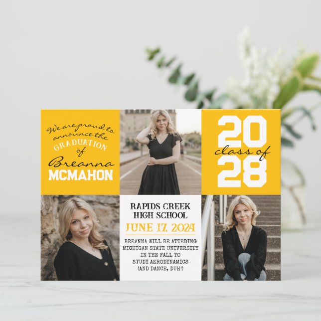 Guld Gult White 4 Photo Studenten annons Inbjudningar (Stående Fram)