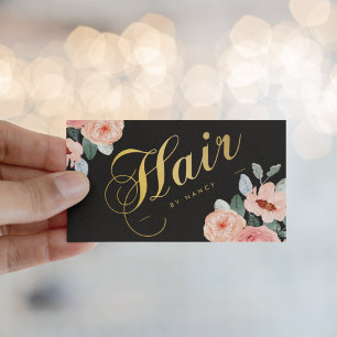 Guld Hair Salon Calligraphy Watercolor Blommigt Visitkort