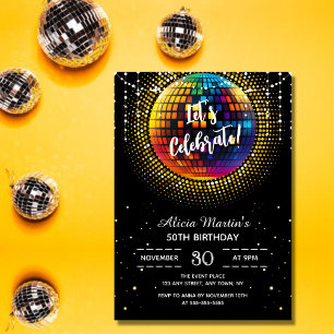 Guld Halftone Disco Boll Låt oss Celebrate Birthda Inbjudningar