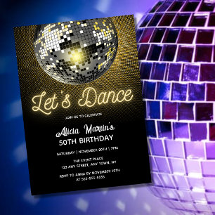 Guld Halftone Disco Boll Låt oss Dance Birthday Inbjudningar