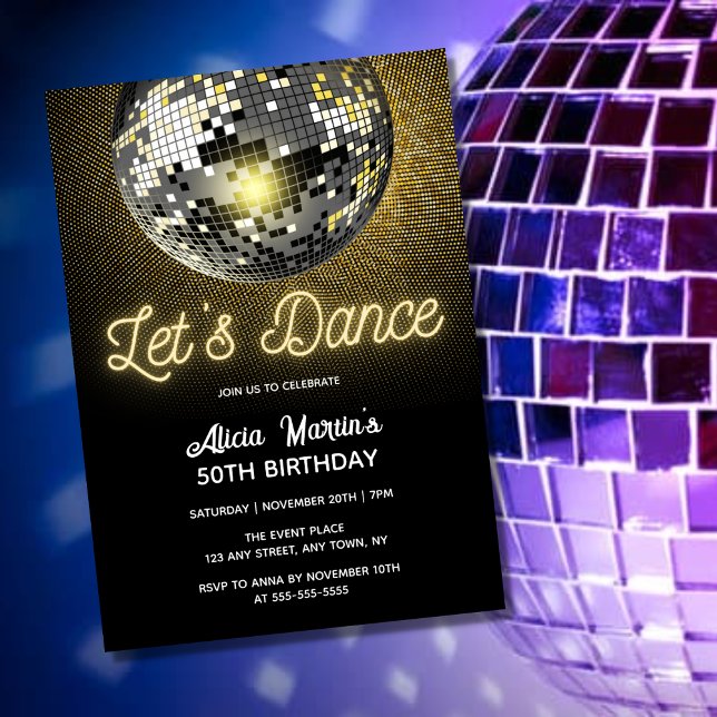Guld Halftone Disco Boll Låt oss Dance Birthday Inbjudningar (Skapare uppladdad)
