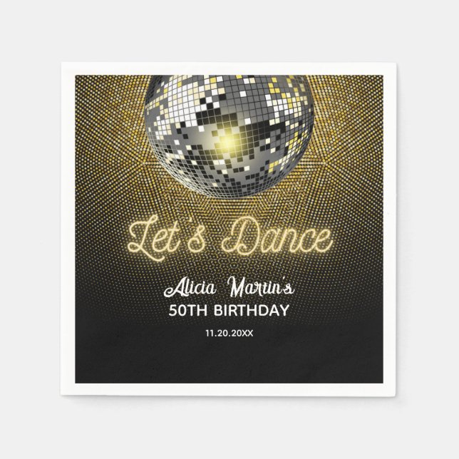 Guld Halftone Disco Boll Låt oss Dance Birthday Pappersservett (Framsidan)