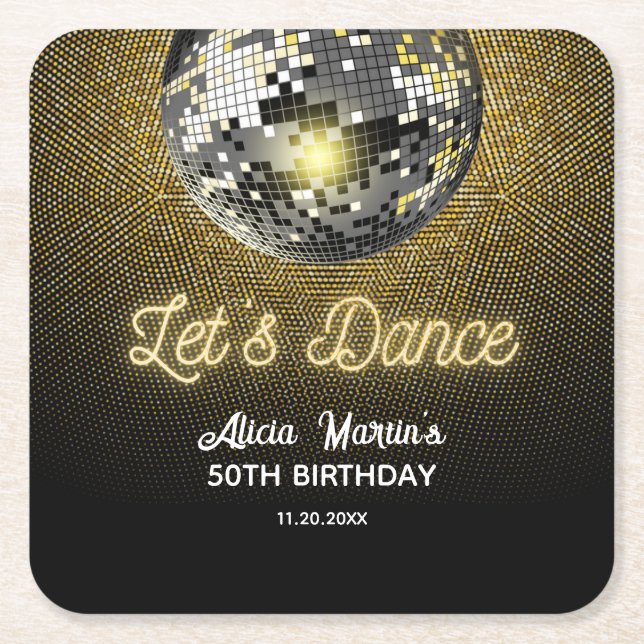 Guld Halftone Disco Boll Låt oss Dance Birthday Underlägg Papper Kvadrat (Framsidan)