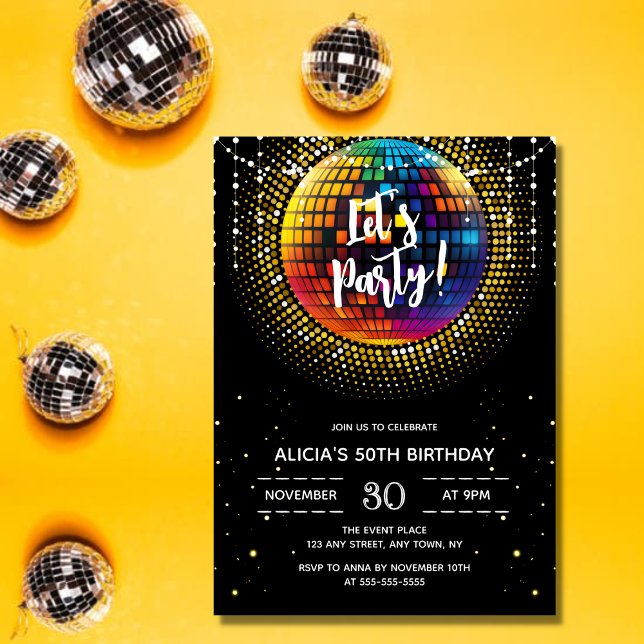 Guld Halftone Disco Boll Låt oss Party födelsedag Inbjudningar (Skapare uppladdad)