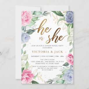 Guld Han eller hon Blommigt Greenery Gender Reveal Inbjudningar