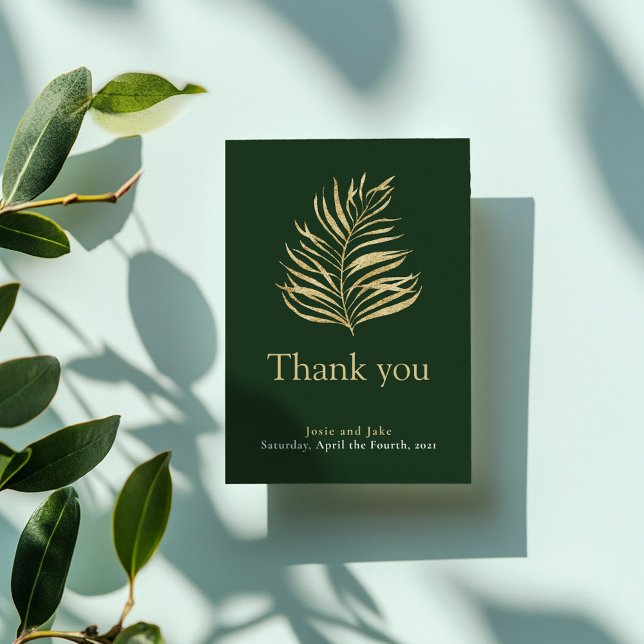 Guld, handflatan, löv, bröllop tack för fotot (Gold effect palm leaf, photo wedding thank you card.)