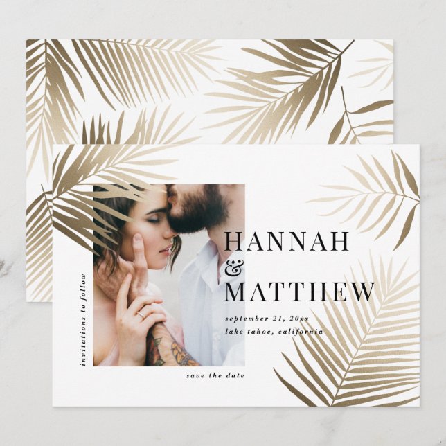 Guld handflatan löv spara datumfoto bröllop datumet (Fram/baksida)