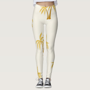 Guld Handflatan Träd: Tropiskt textilmaterial. Leggings