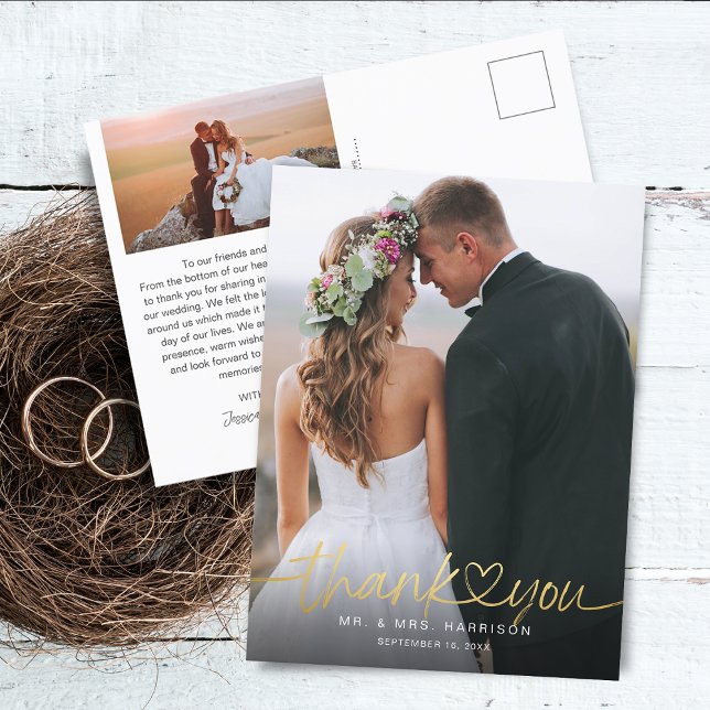 Guld Handgjord Script Fotos Bröllop Tack Vykort (Gold Hand Lettered Script Photos Wedding Thank You Postcard)