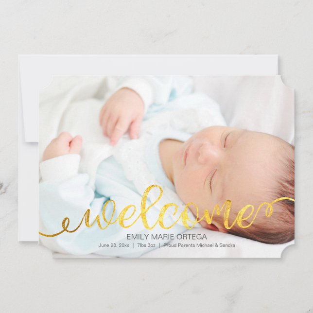 Guld handskriven Baby Birth Photo Notice Meddelande (Framsida)