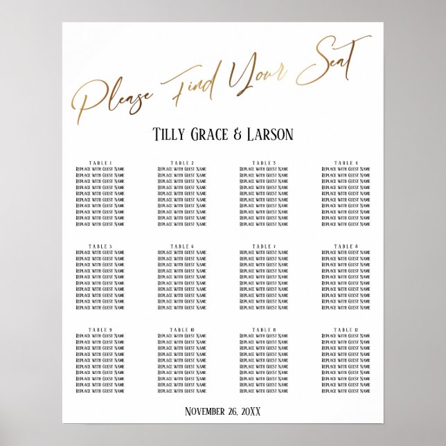 Guld Handskriven Bröllopsmottagning Placeringsplan Poster (Framsidan)