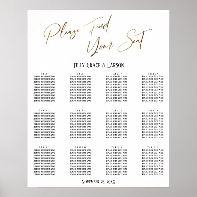 Guld Handskriven Bröllopsmottagning Placeringsplan Poster (Framsidan)