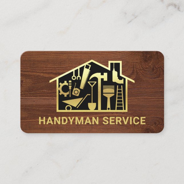 Guld Handyman Verktyg hem på träbetet Visitkort (Framsida)
