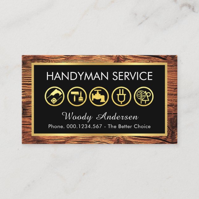 Guld Handyman Verktyg Ram På Trä Visitkort (Framsida)