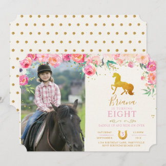 Guld-häst med blommor - inbjudan till foto-födelse