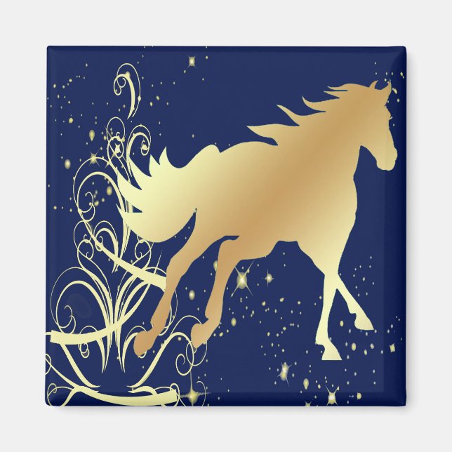 Guld-häst med Guld-accenter på blå magnet (Framsidan)