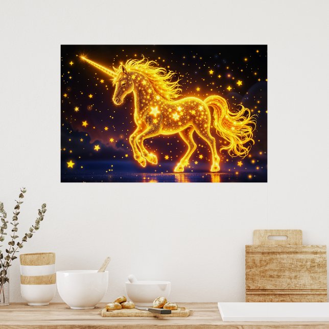 Guld hästhornsaga över nattgården himmel poster (Kök)
