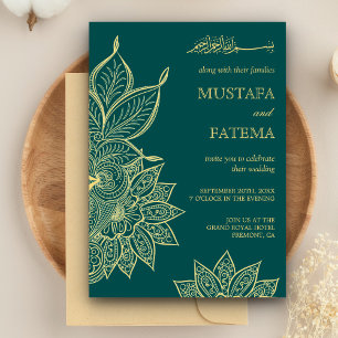 Guld Havsgrön Mehendi Henna Islamisk Bröllop Inbjudningar