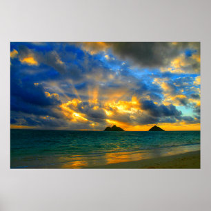 Guld- hawaiansk tropisk strandsolnedgång poster