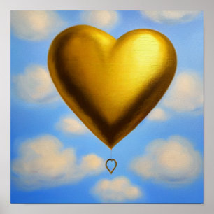 Guld Heart Balloon i Himlar Poster