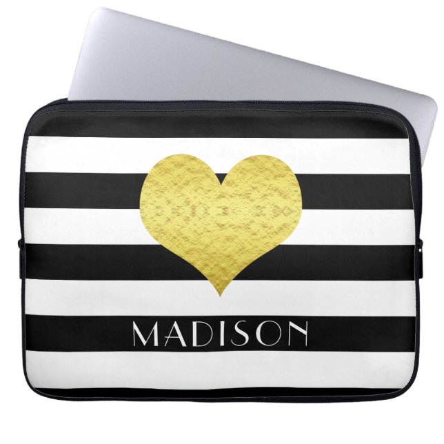 Guld Heart Black White Rand Mönster Namn Laptop Fodral (Framsidan)